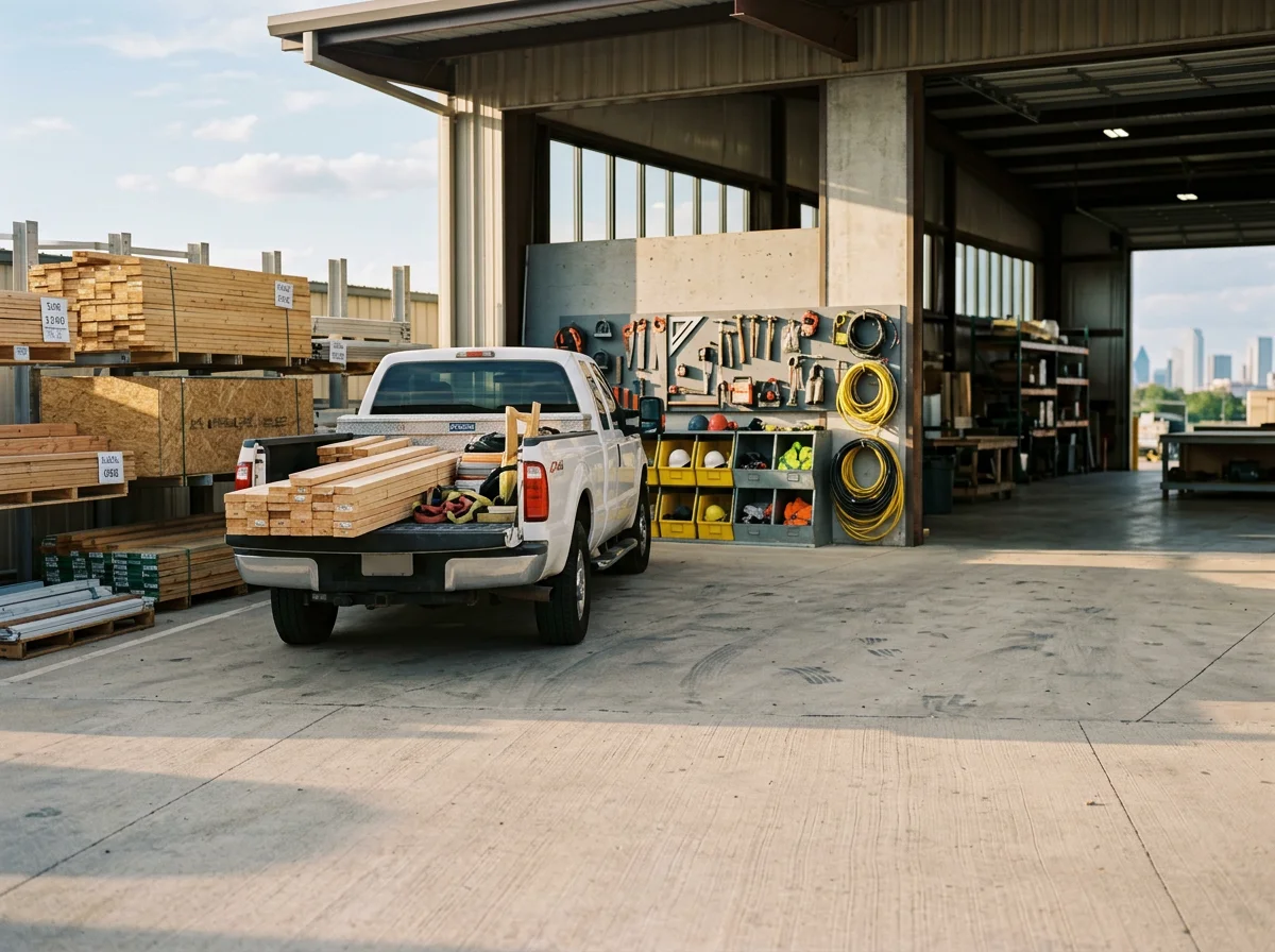 Construction site with tools, equipment, and materials organized for active project work.