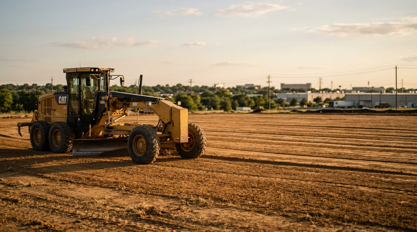 Excavation equipment preparing a commercial building site