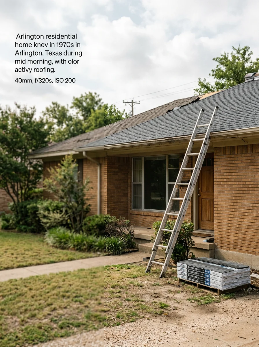 Exterior of a 1970s residential home in Arlington, TX with roofing replacement in progress and new shingles being installed.