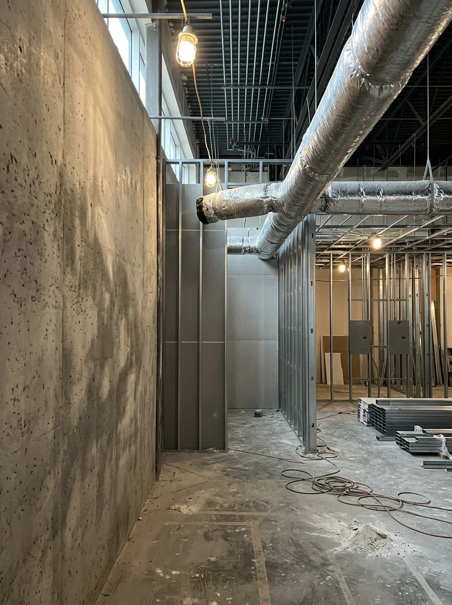 Interior tenant finish-out in progress inside a Dallas commercial space, with framing and mechanical rough-in visible.