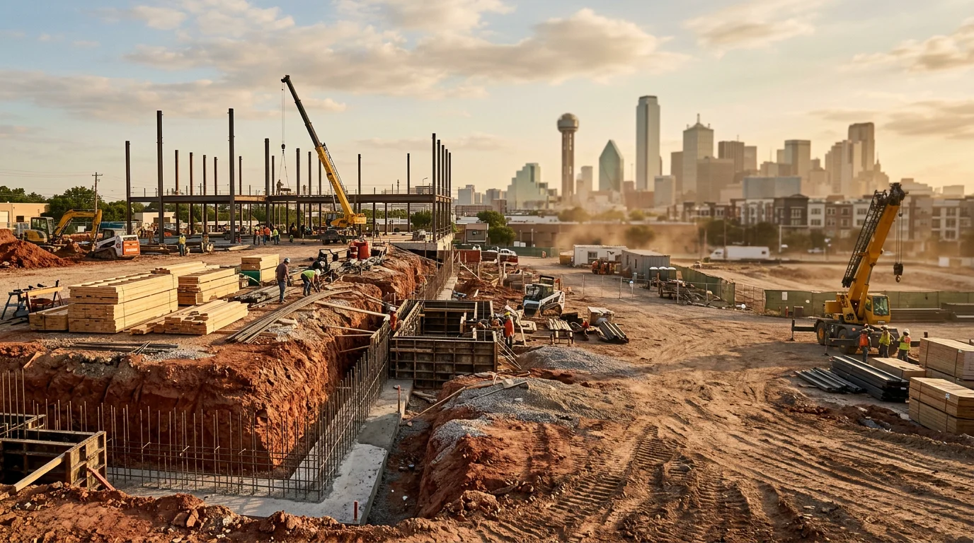 Ground-up commercial construction framing in progress on a Dallas, TX building site with clay soil visible at the excavated foundation.