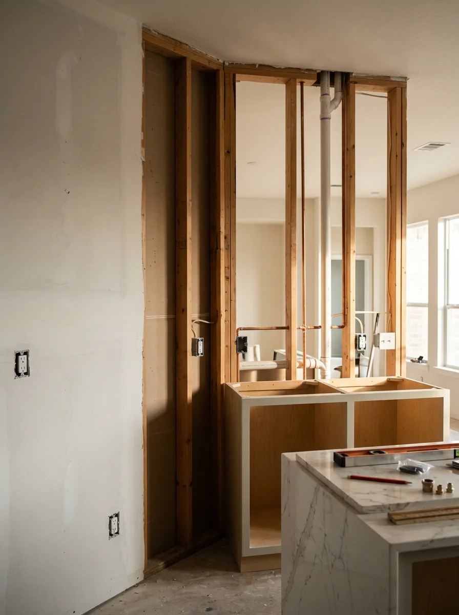 Kitchen remodel in progress in a Frisco, TX subdivision home with cabinets removed and new framing and plumbing rough-in visible.