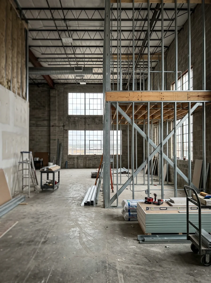 Commercial remodeling in progress inside a warehouse space along the I-30 corridor in Garland, TX, with framing and new interior walls being constructed.