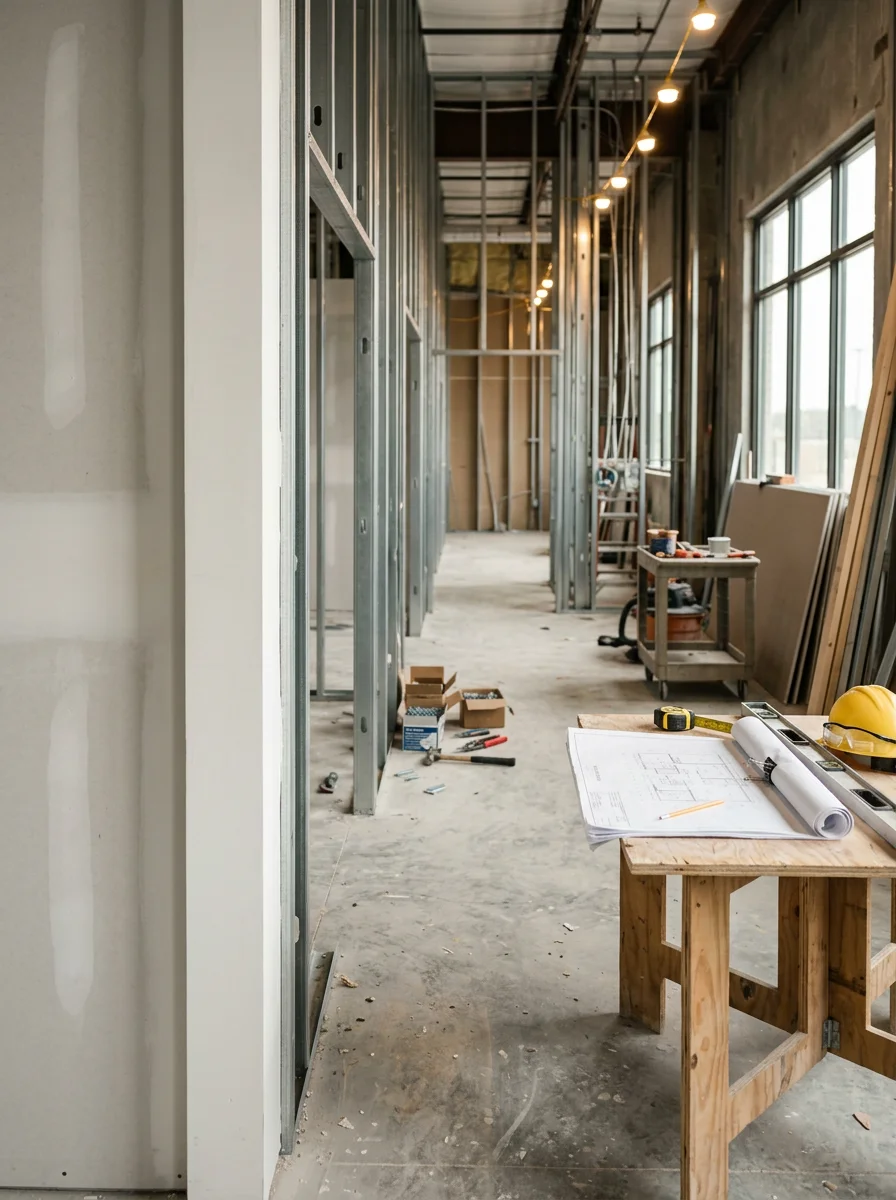 Commercial shell space tenant finish-out in progress in a McKinney, TX office building along the US-75 corridor.