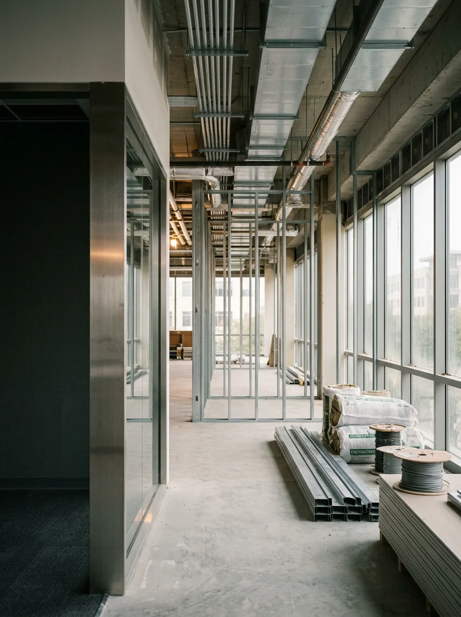 Commercial tenant finish-out in progress in a Plano, TX office building near the Legacy West corridor, with framing and mechanical work underway.