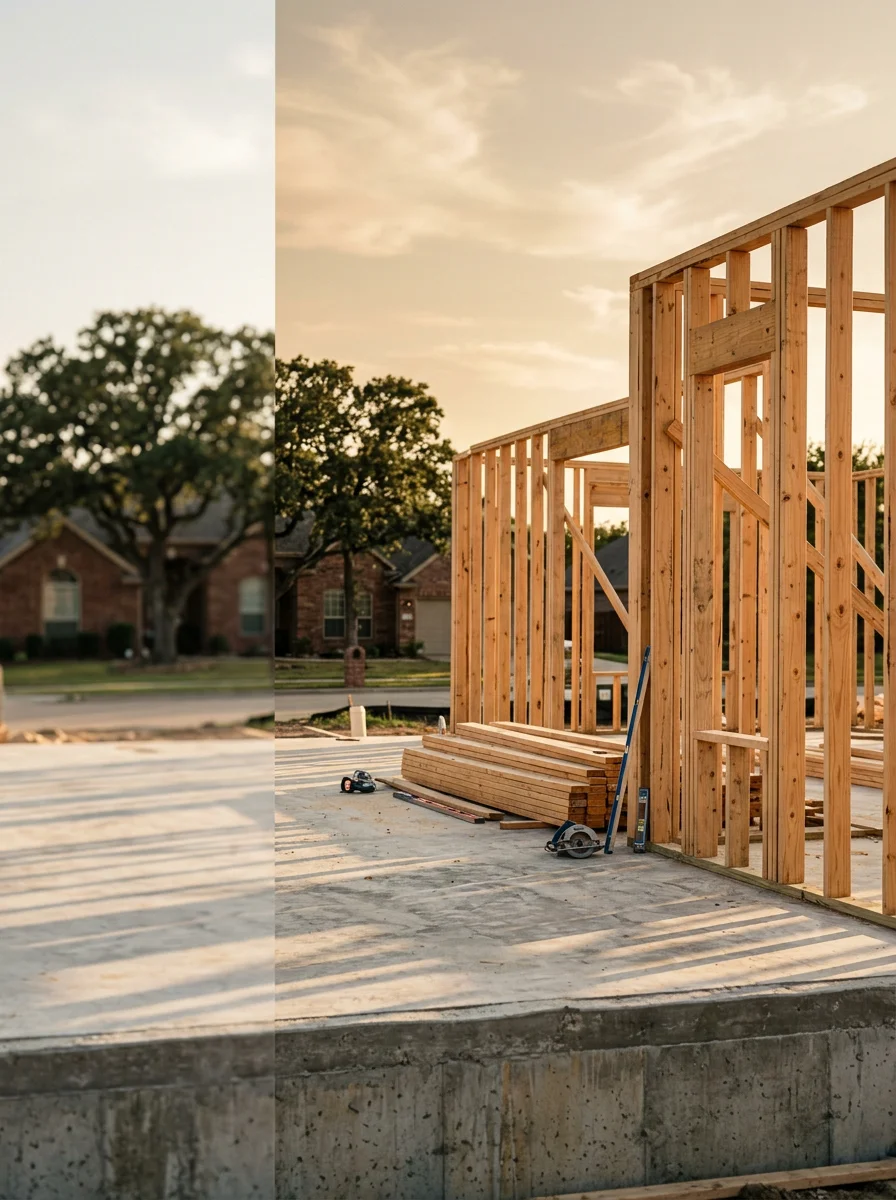 New home construction framing underway in a Rockwall, TX residential community near Heath, with concrete slab foundation and wood framing visible.