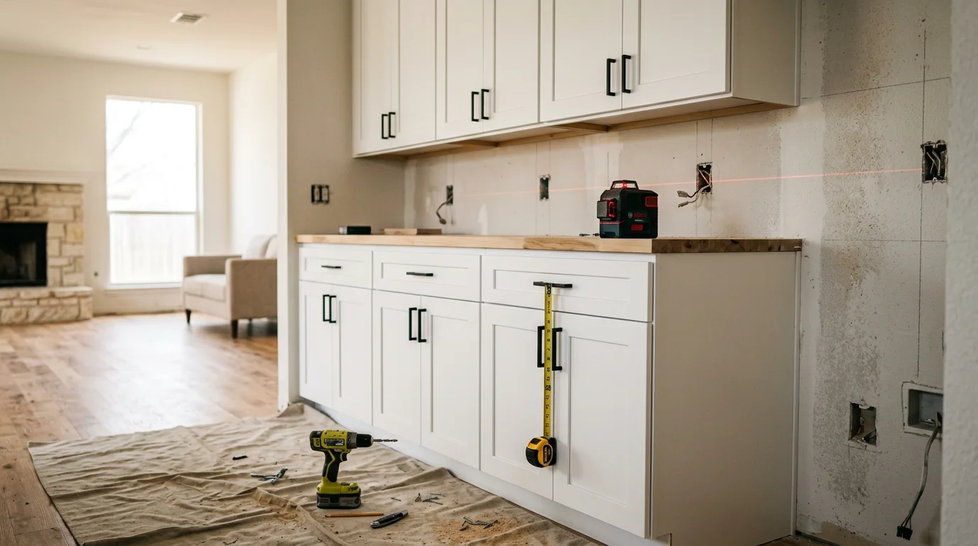 Newly installed kitchen cabinets in a Dallas-area home, showing upper and lower units aligned level against painted drywall walls. Clean cabinet lines and hardware visible in a residential kitchen setting.