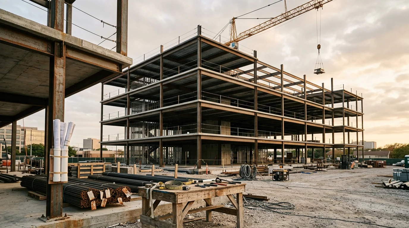 A commercial building under construction in the Dallas-Fort Worth area, with steel framing and exterior walls taking shape on a clear day. A general contractor crew works on site as surrounding suburban development is visible in the background.