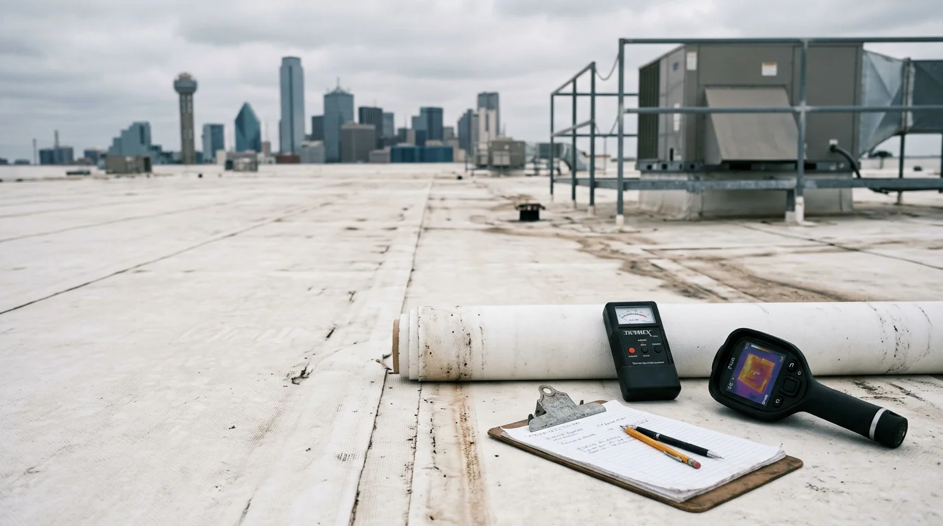 A commercial flat roof on a large Dallas-area building showing a low-slope membrane system under a clear Texas sky. A roofing crew inspects the surface following a North Texas hail season.