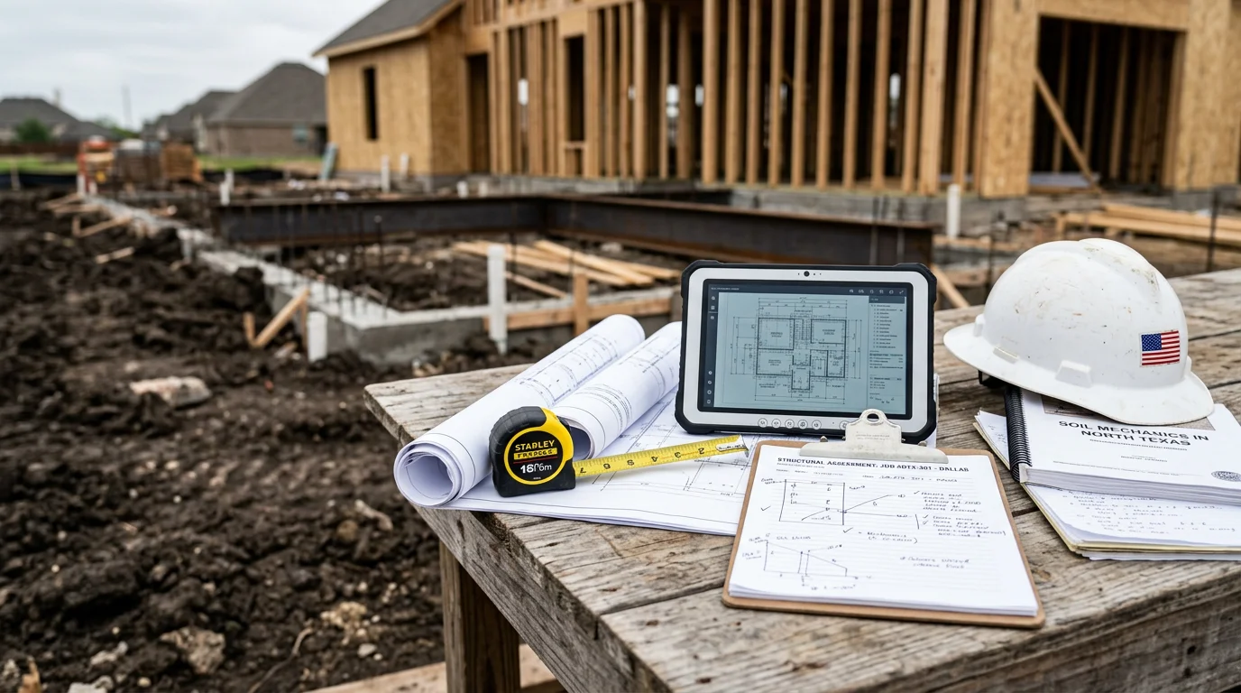 A general contractor and property owner reviewing construction plans together at a job site in Dallas, Texas. The image shows a pre-construction consultation meeting with blueprints spread across a table at an active residential build site.