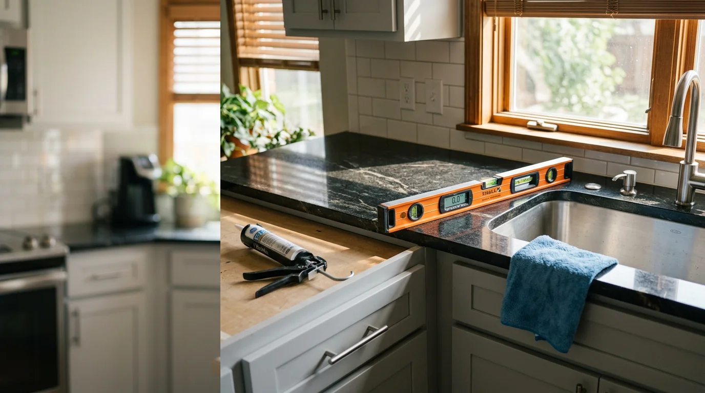 Newly installed stone countertop in a Dallas-area kitchen, showing clean edge detail and a flush fit against painted wood cabinets. The surface is clear and ready for use, with natural light coming through a window above the sink.