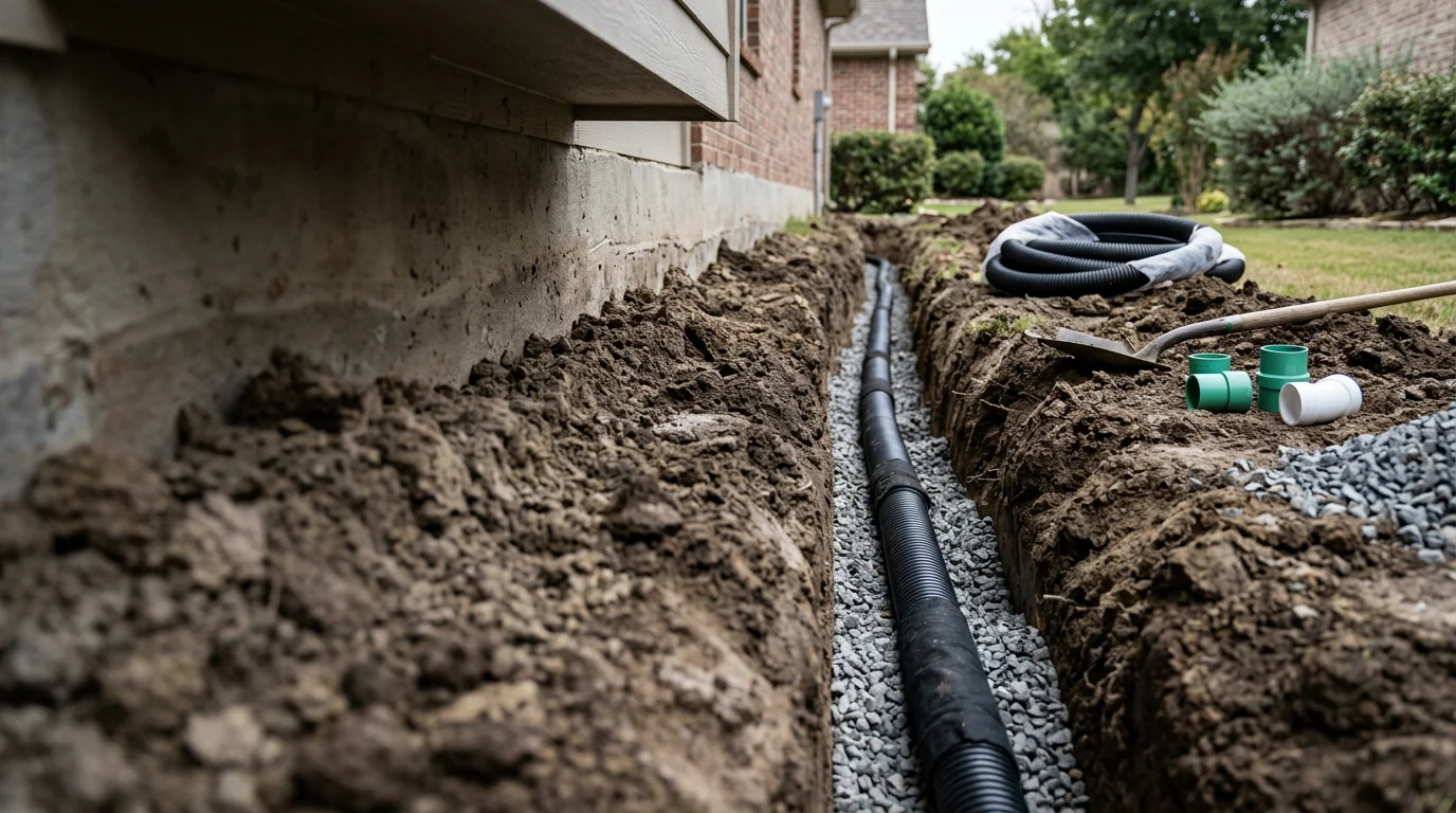 A freshly installed French drain trench with perforated pipe and gravel aggregate running along the side yard of a Dallas-area residential property. The system channels water away from the home's slab foundation across a flat clay-soil lot.