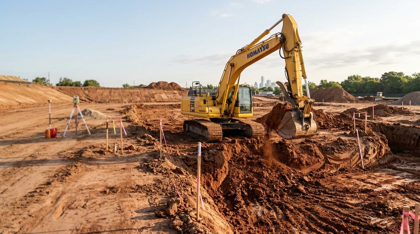 An excavator digging a foundation trench on a residential construction site in Dallas, Texas, with exposed clay soil visible along the cut walls. The surrounding lot is cleared and ready for the next phase of construction.