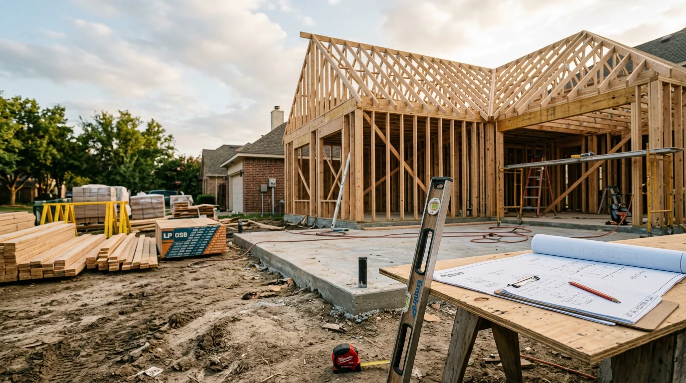 A general contractor reviewing construction plans at a residential build site in Dallas, Texas, with framed walls and a clear blue sky in the background. The scene shows active coordination between trades on a ground-up construction project in the DFW area.