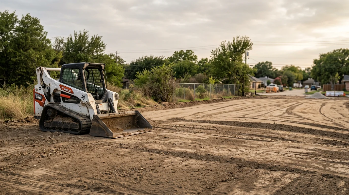 A graded residential lot in Dallas, Texas with freshly shaped and compacted soil sloping away from the building pad. Heavy equipment tracks are visible across the leveled surface, with surrounding DFW suburban development in the background.