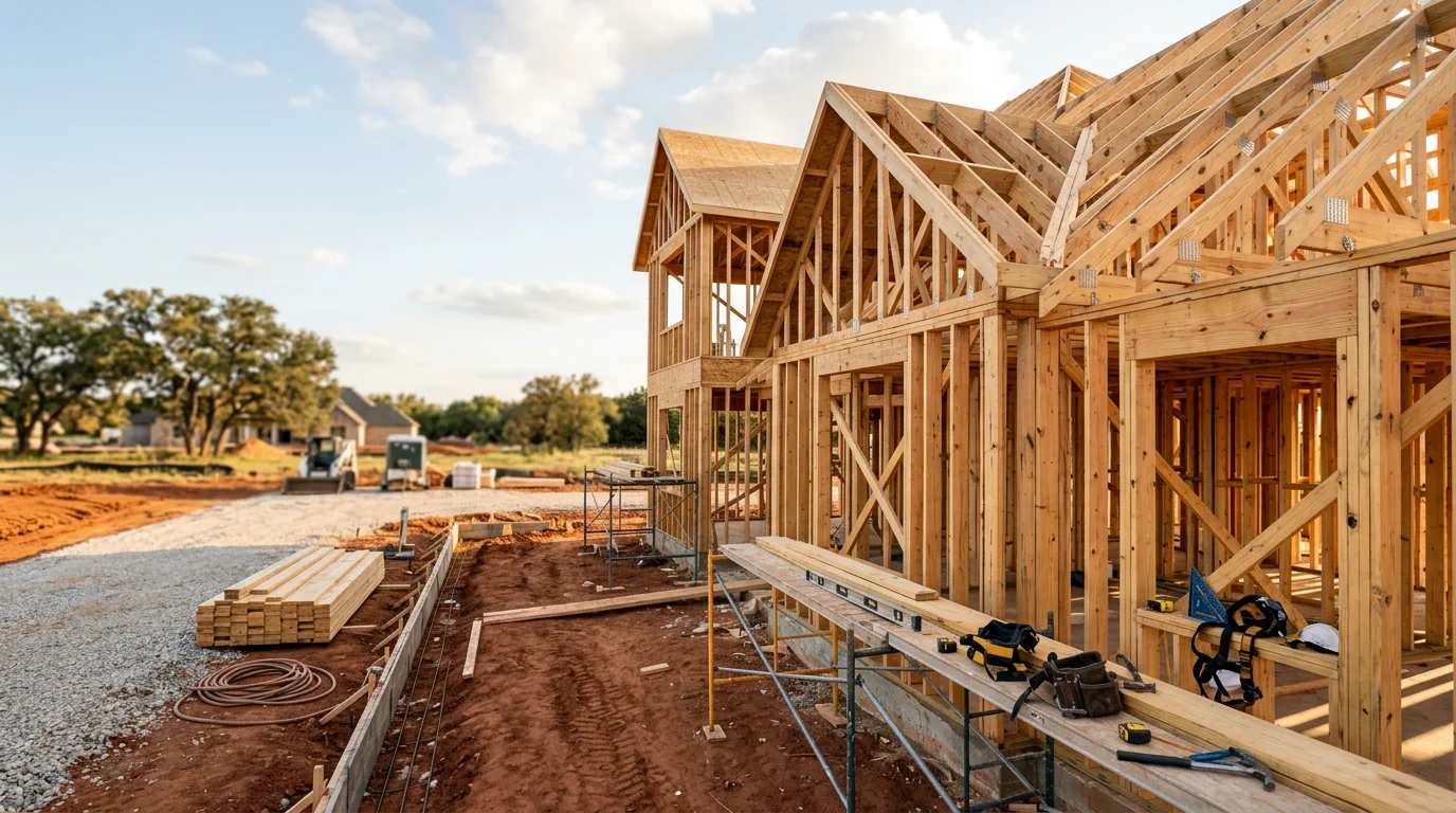 A newly constructed single-family home in the Dallas-Fort Worth area with a clean facade, fresh landscaping, and a clear blue Texas sky. The home reflects residential construction built to current DFW standards by Masterwork Construction Group LLC.