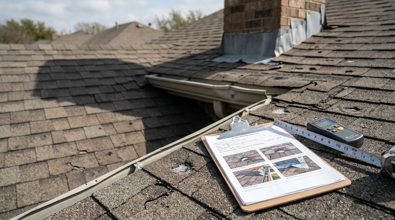 A residential roof in Dallas, Texas showing hail damage assessment in progress, with a contractor inspecting shingles and documenting damage for an insurance restoration claim.