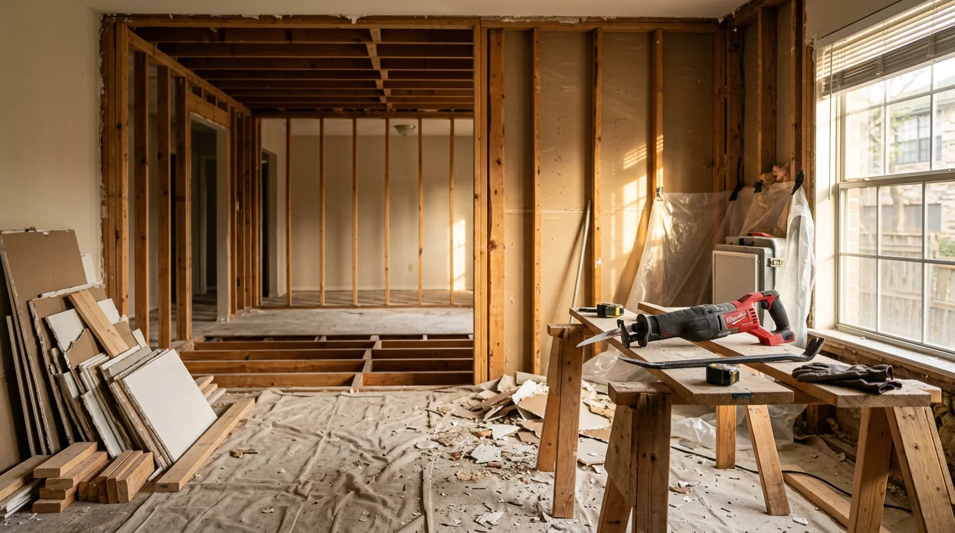 Interior demolition in progress inside a Dallas-area home, with walls stripped to the studs and flooring removed in preparation for a full remodel. Work area is cleared of debris with surrounding structure left intact.