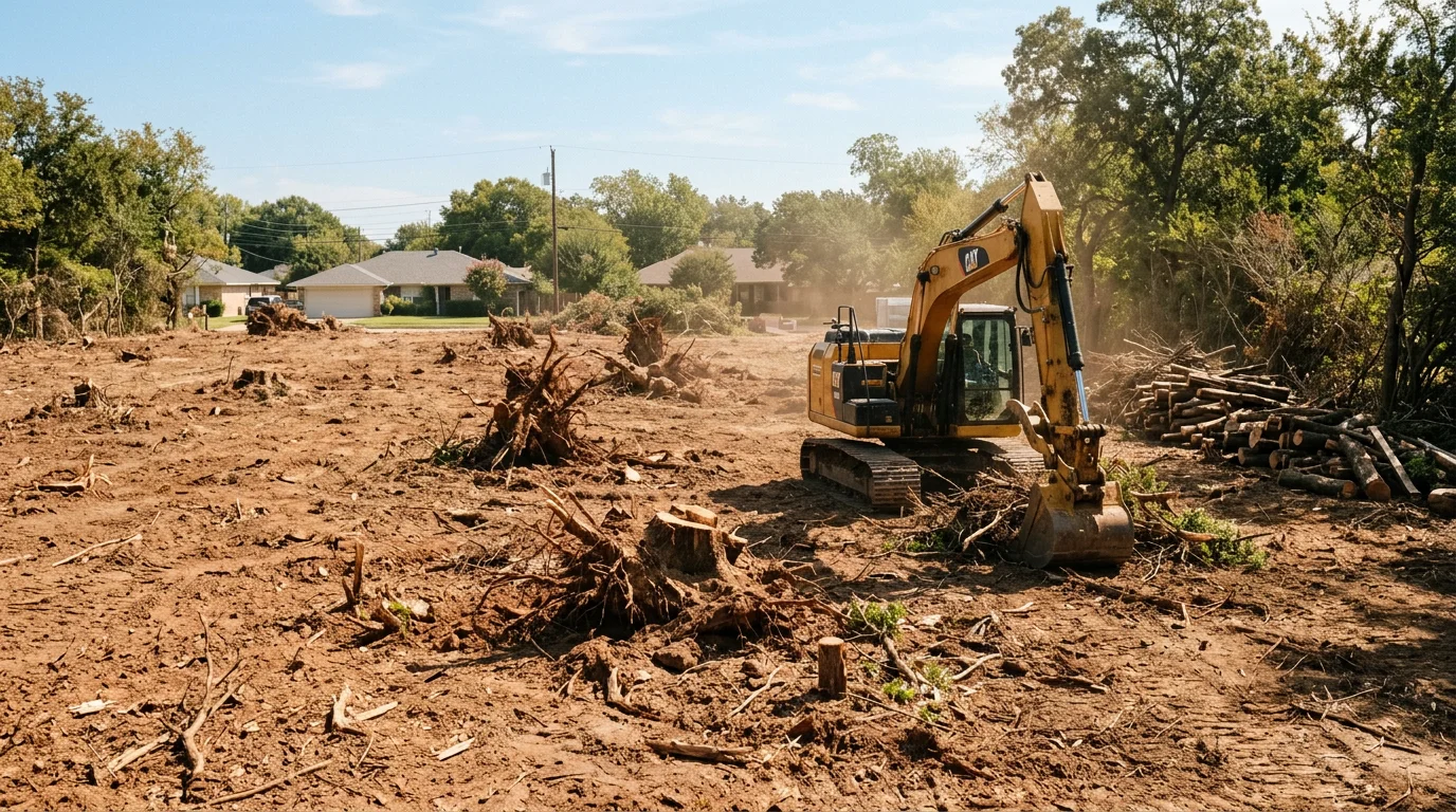 A cleared residential lot in the Dallas-Fort Worth area with trees and brush removed, leaving open ground ready for construction. Heavy equipment sits at the edge of the site with a flat, debris-free surface visible across the property.