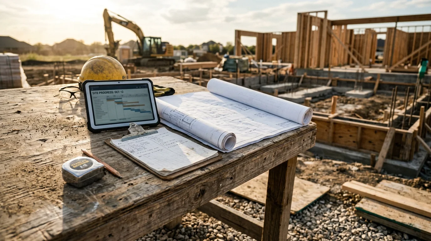 A construction project manager reviewing plans on a clipboard at an active residential build site in Dallas, Texas. Framed walls and a concrete slab foundation are visible in the background.