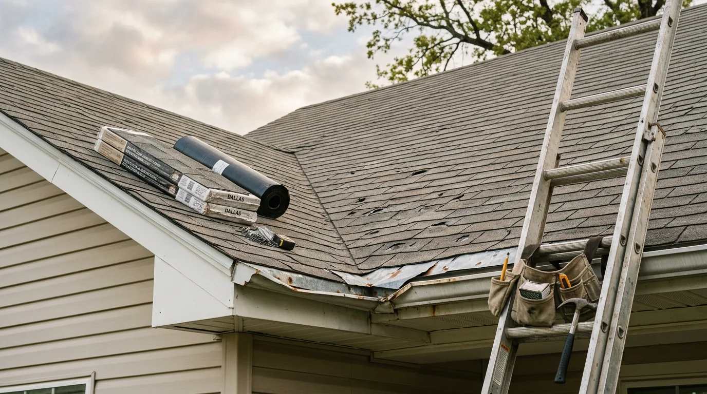 A roofing crew inspecting and repairing storm-damaged shingles on a residential home in Dallas, Texas. Close-up view of lifted flashing and replaced shingles on a sloped roof under a clear sky.