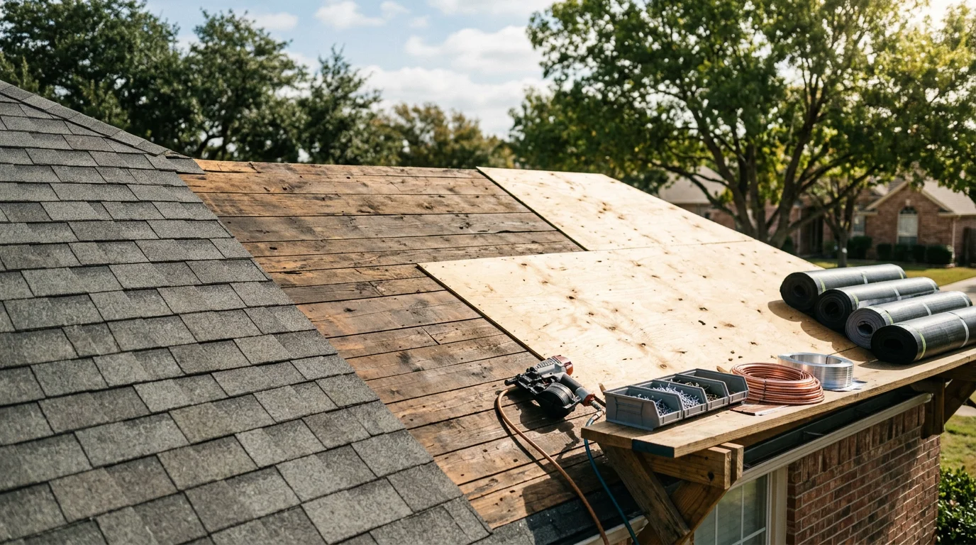 A newly installed residential roof on a single-family home in the Dallas area, showing clean shingle lines, finished ridge cap, and properly seated flashing along the roofline.
