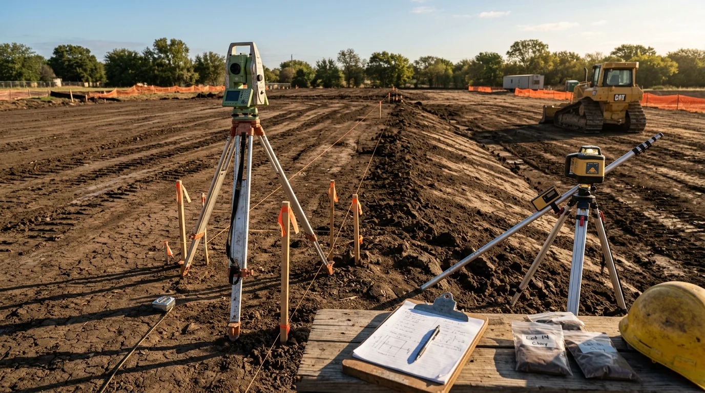 Heavy equipment grading and leveling a raw construction lot in the Dallas-Fort Worth area during the site preparation phase. Exposed soil and cleared ground show the lot being readied for a new residential or commercial build.