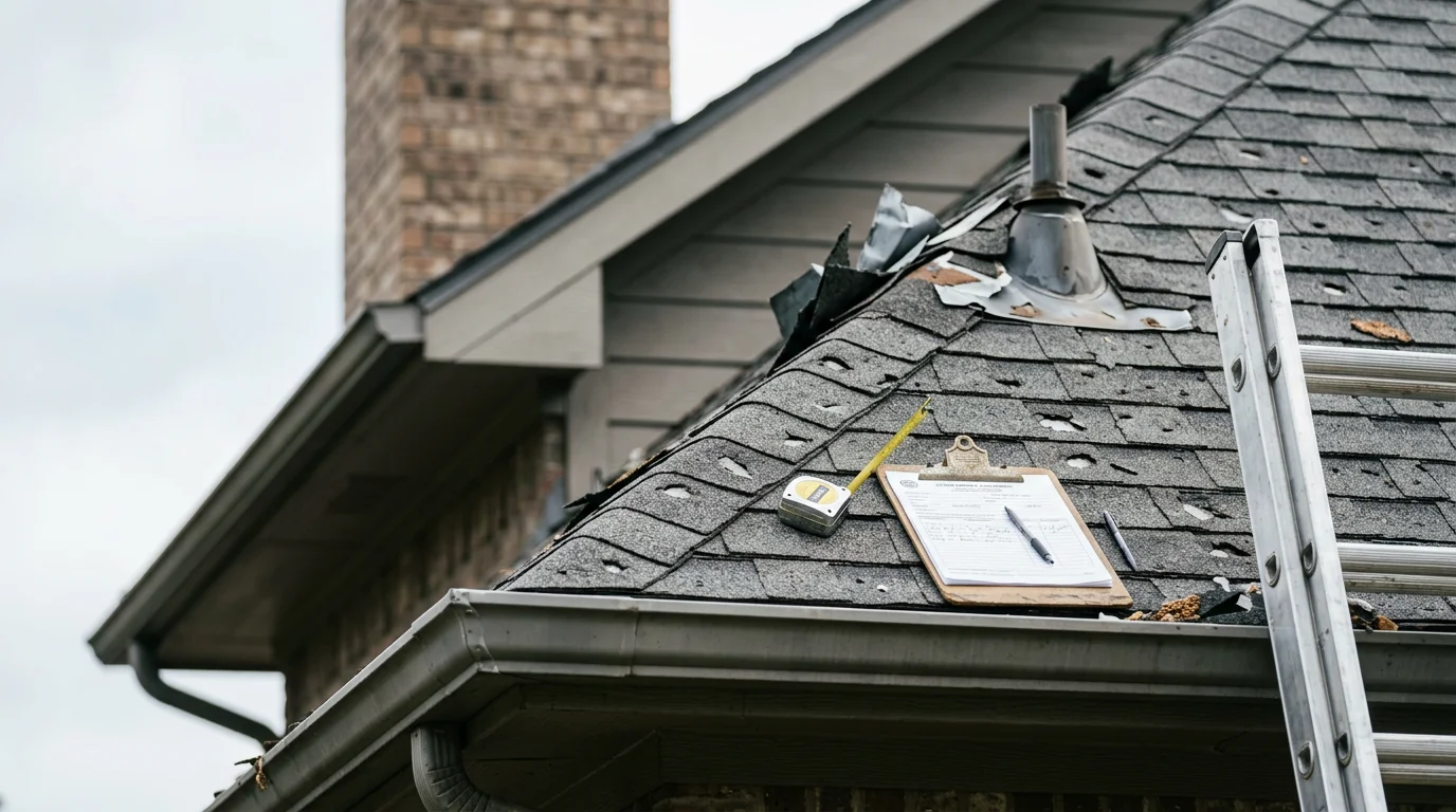 A Dallas-area residential roof showing hail impact marks and lifted shingles after a North Texas storm. A roofing crew from Masterwork Construction Group inspects the damaged surface from the rooftop.